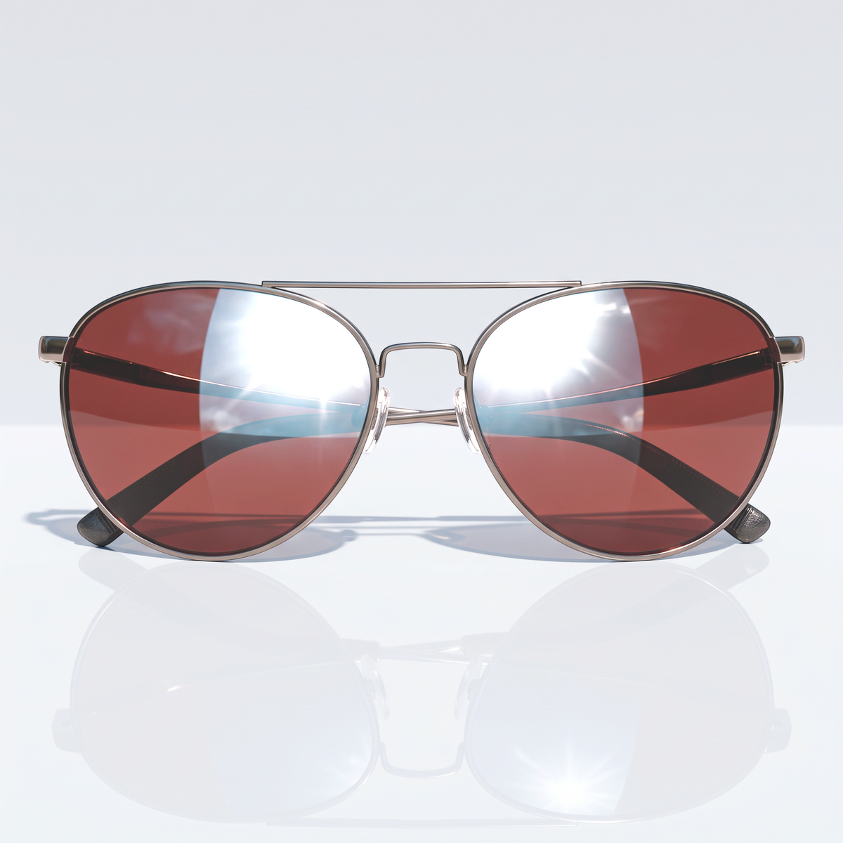 Eyelevel-UK Cabrio polarized driving sunglasses with copper lenses and a gunmetal frame on a reflective surface.