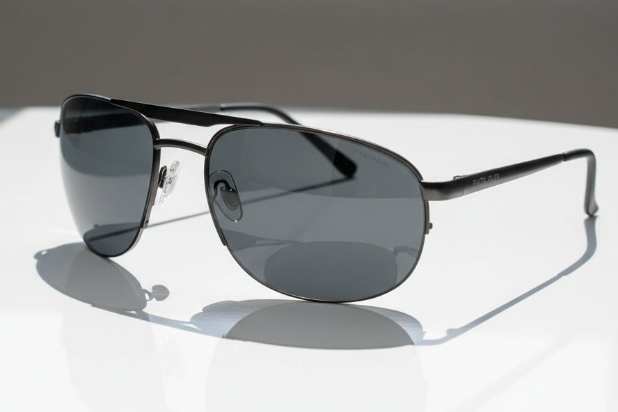 Black sunglasses with a clear background