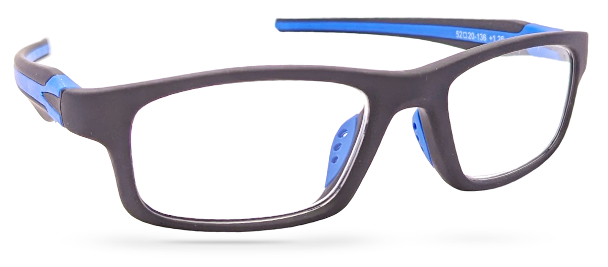 Eyelevel-UK Active Blue reading glasses with a black rectangular frame and bright blue temple and nose pad details.