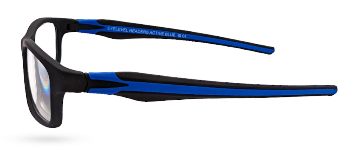 Eyelevel-UK Active Blue reading glasses with black rectangular frames and bright blue temple detailing side view