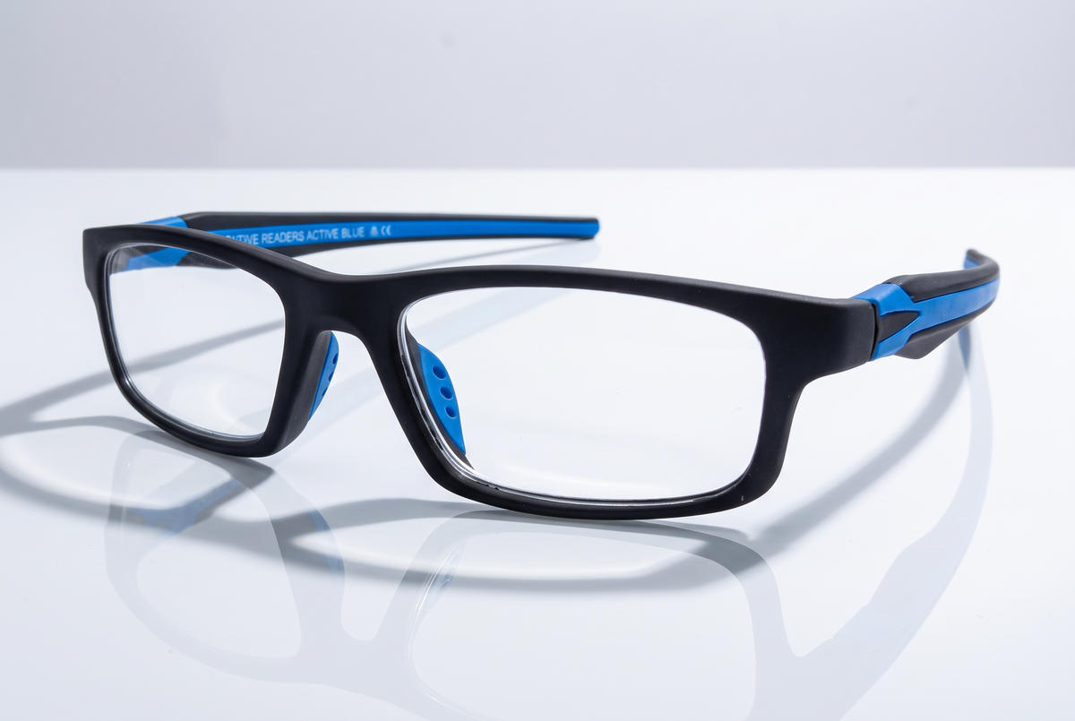 Eyelevel-UK Active Blue reading glasses with a black rectangular frame and bright blue temple and nose pad detailing.