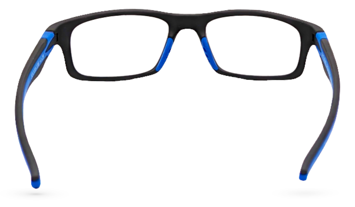 Eyelevel-UK Active Blue reading glasses featuring a black rectangular frame with vibrant blue temple accents