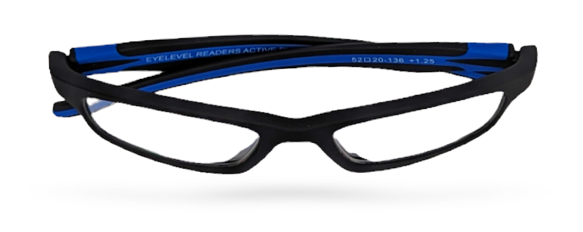 Eyelevel-UK Active Blue reading glasses with a black rectangular frame and vibrant blue temple accents