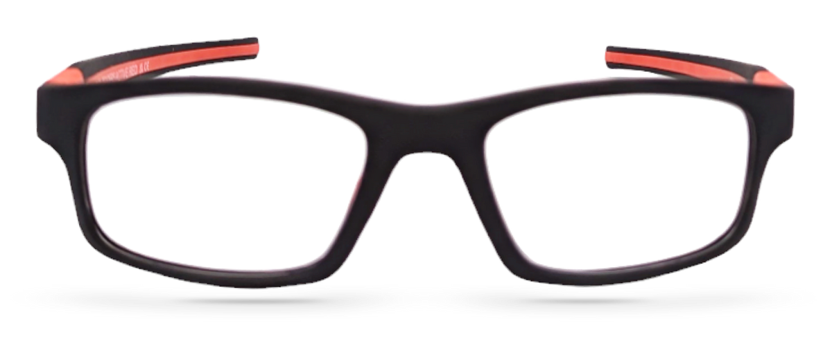 Eyelevel-UK Active Red reading glasses with a black rectangular plastic frame and bright red temple detailing.