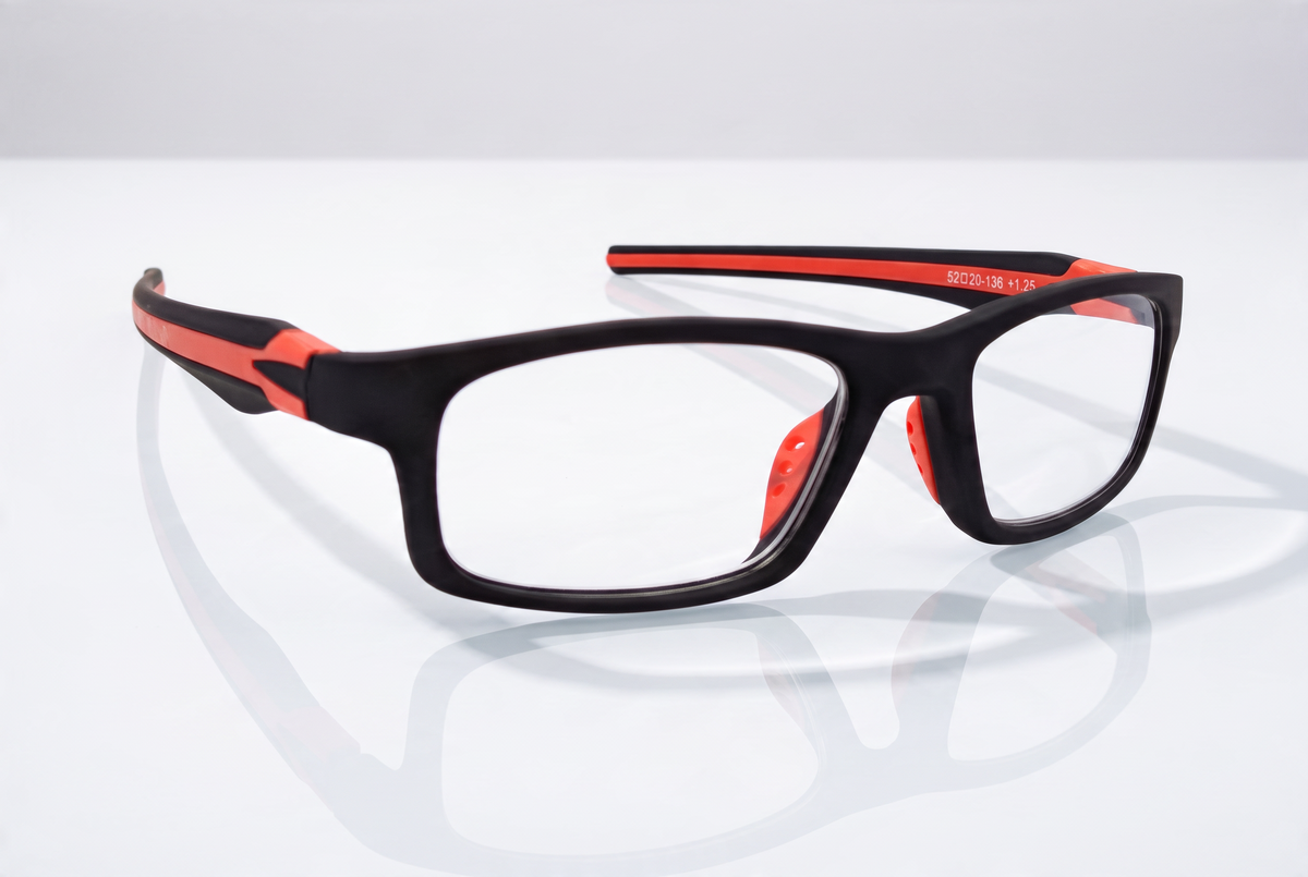 Eyelevel-UK Active Red reading glasses with black rectangular frames and vibrant red temple and nose pad details.
