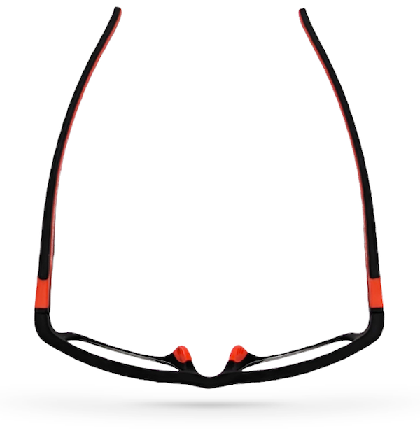 Eyelevel-UK Active Red reading glasses with black rectangular frames and bright red temple accents, top-down view.