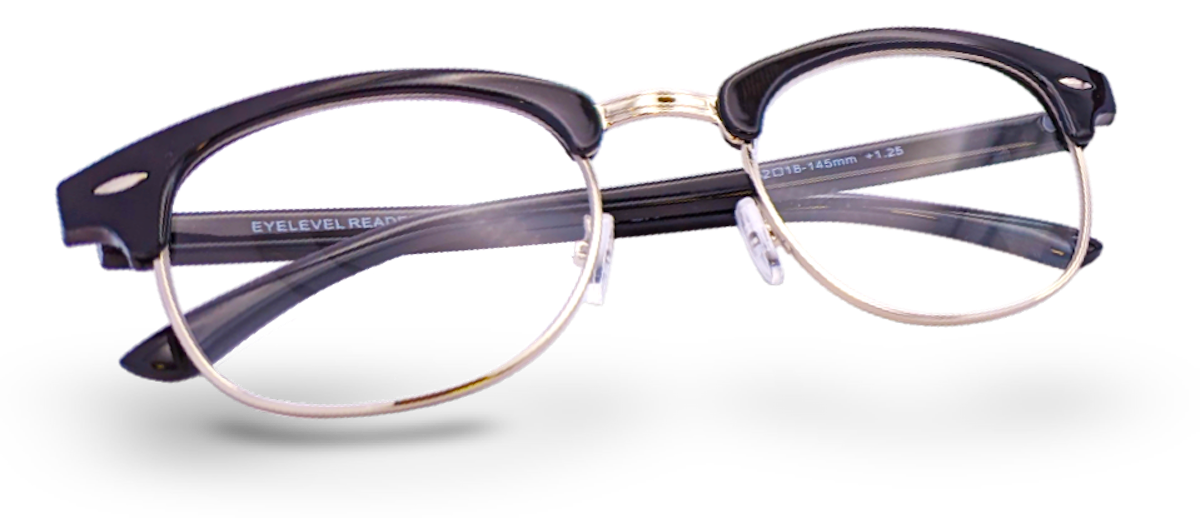 Eyelevel-UK Albany black and gold semi-rimless browline reading glasses with clear magnifying lenses.