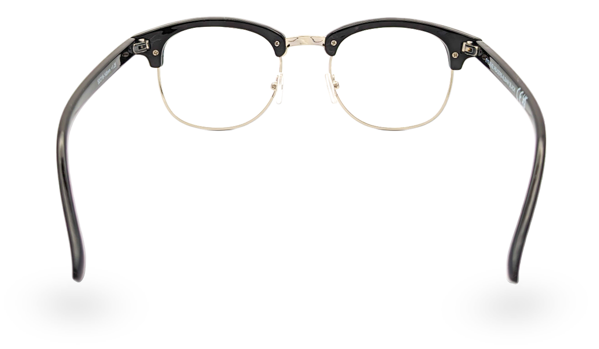 Eyelevel-UK Albany black and gold semi-rimless browline reading glasses, back view showing temple arms.