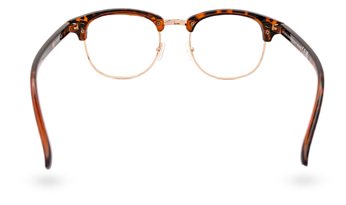 Eyelevel-UK Albany brown tortoiseshell and gold semi-rimless browline reading glasses seen from the back