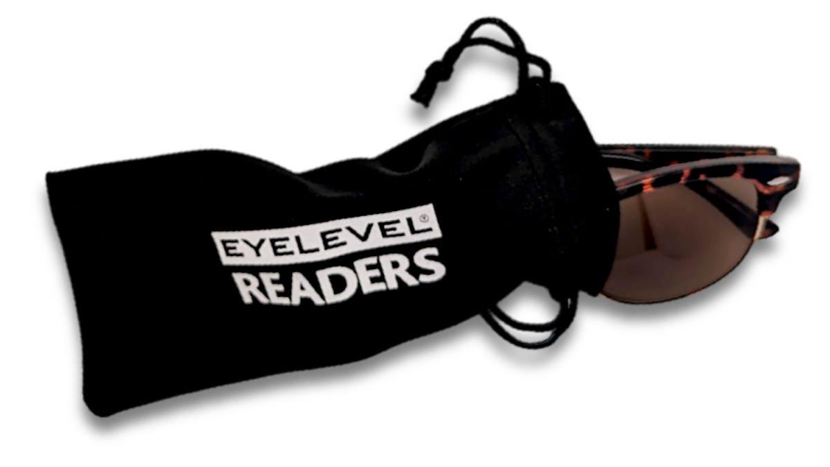 Eyelevel-UK Albany brown tortoiseshell sun readers partially inside a black branded drawstring storage pouch.