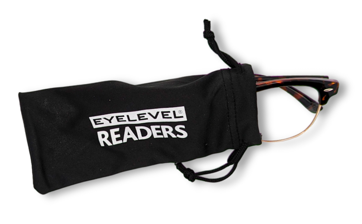 Eyelevel-UK Albany brown tortoiseshell reading glasses partially inside a black branded drawstring storage pouch