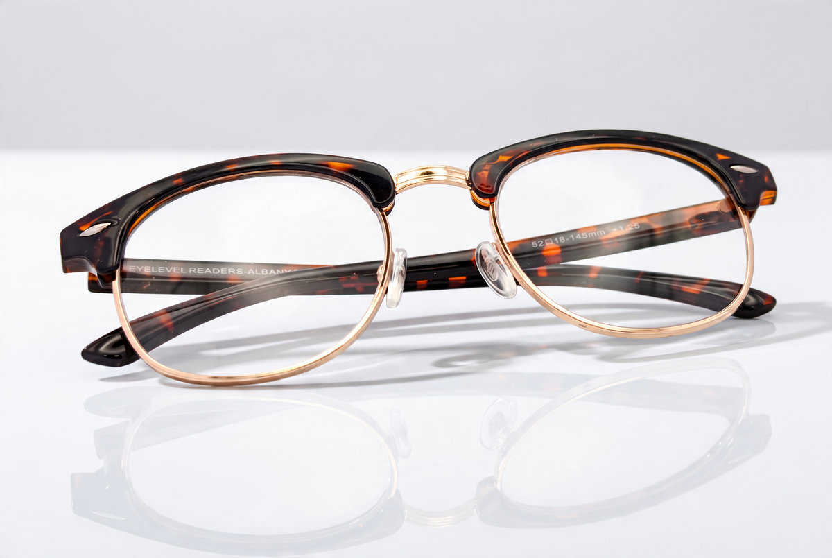 Eyelevel-UK Albany brown tortoiseshell and gold semi-rimless browline reading glasses with clear magnifying lenses.