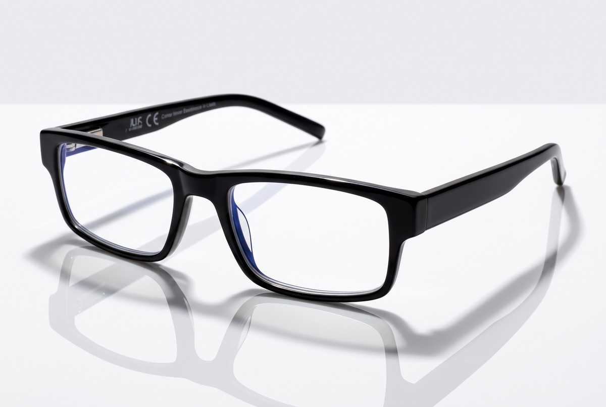 Eyelevel-UK Alfie black rectangular anti-blue light glasses with clear plano lenses on a reflective surface.