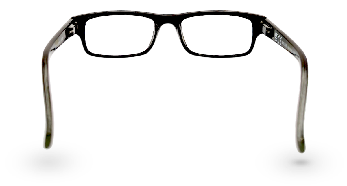 Eyelevel-UK Alfie black rectangular anti-blue light glasses viewed from behind showing the frame and temple arms.