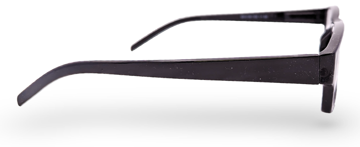 Eyelevel-UK Alfie black rectangular reading glasses with a slim plastic frame shown from a side profile view.