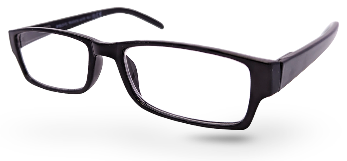 Eyelevel-UK Alfie reading glasses featuring a slim black rectangular plastic frame and clear magnifying lenses.