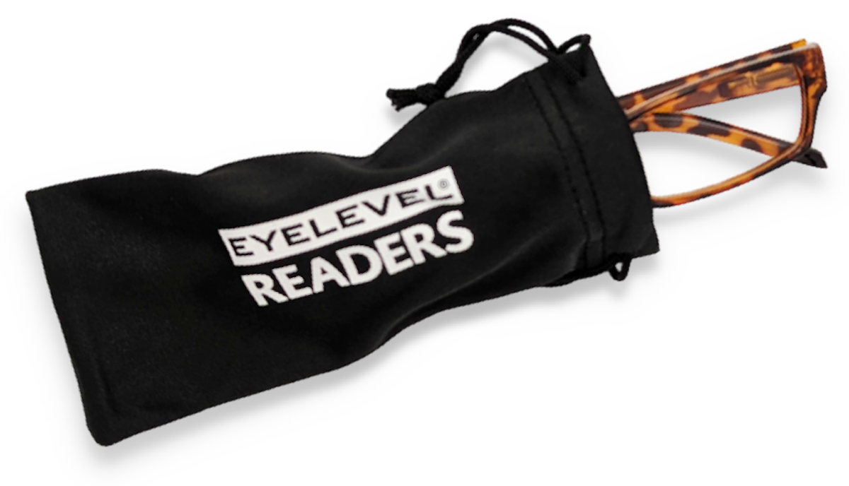 Eyelevel-UK Alfie brown rectangular reading glasses partially inside a black branded soft pouch
