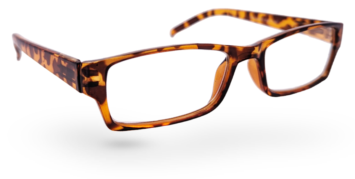 Eyelevel-UK Alfie brown rectangular reading glasses with a classic tortoiseshell plastic frame.