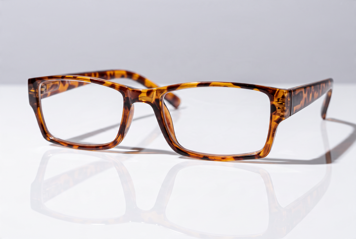 Eyelevel-UK Alfie Brown rectangular reading glasses with a classic tortoiseshell plastic frame on a white surface.