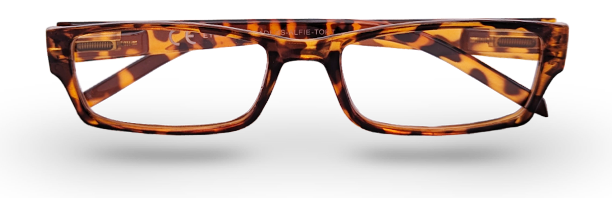 Eyelevel-UK Alfie brown rectangular reading glasses with a classic tortoiseshell plastic frame