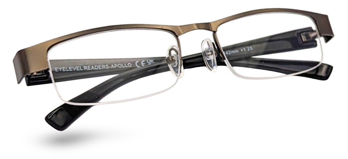 Eyelevel-UK Apollo semi-rimless reading glasses with a bronze rectangular frame and black temples.