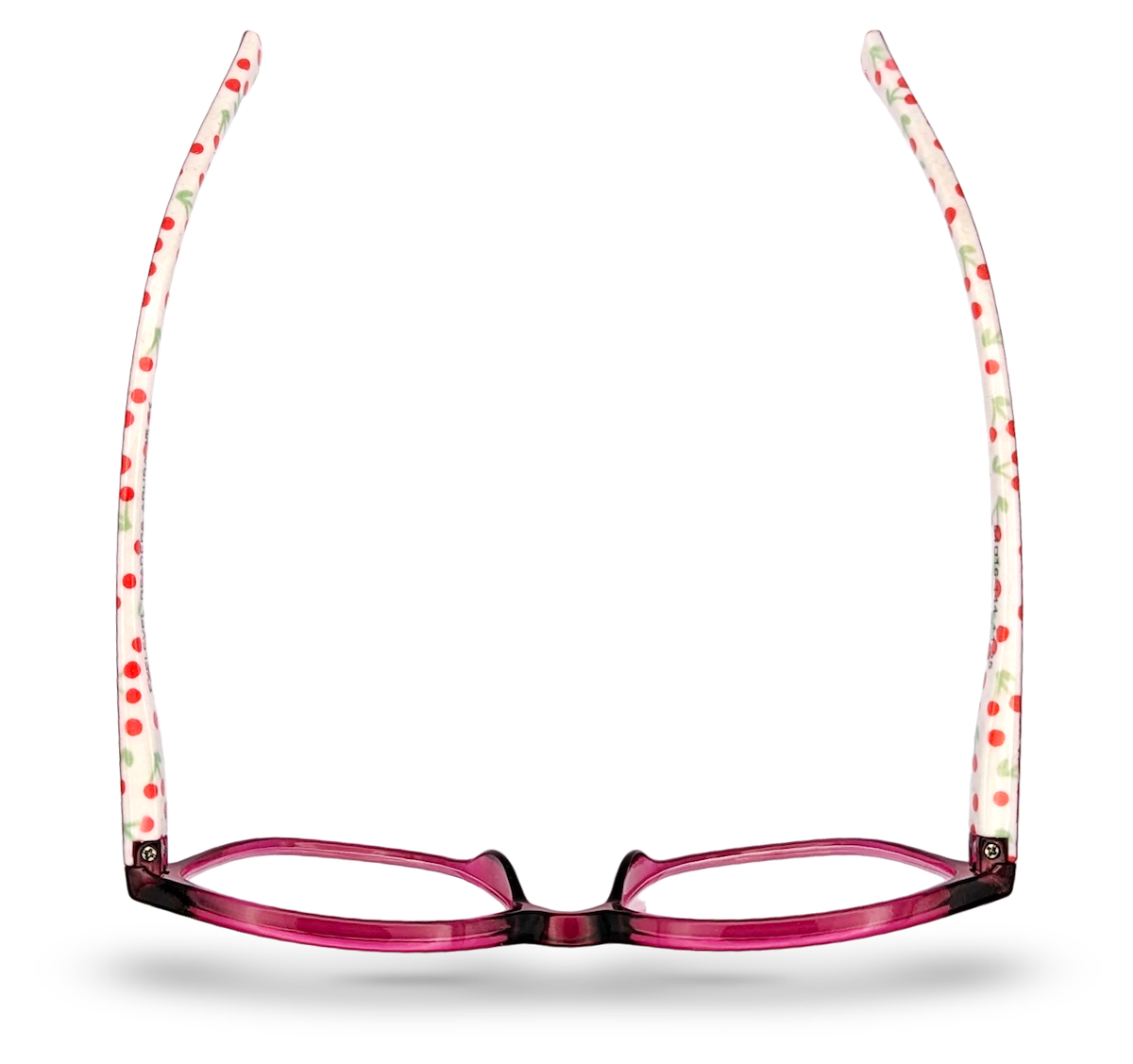 Eyelevel-UK Aruba reading glasses with a bright pink rounded-square frame and white arms featuring a red cherry print.