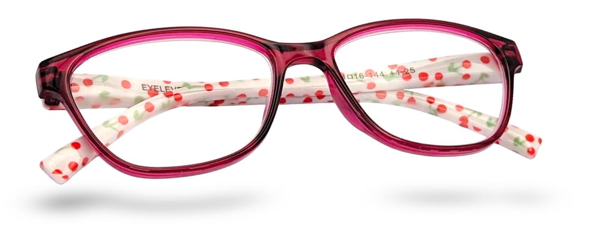 Eyelevel-UK Aruba reading glasses with bright pink rounded-square frames and white temples featuring a red cherry print.