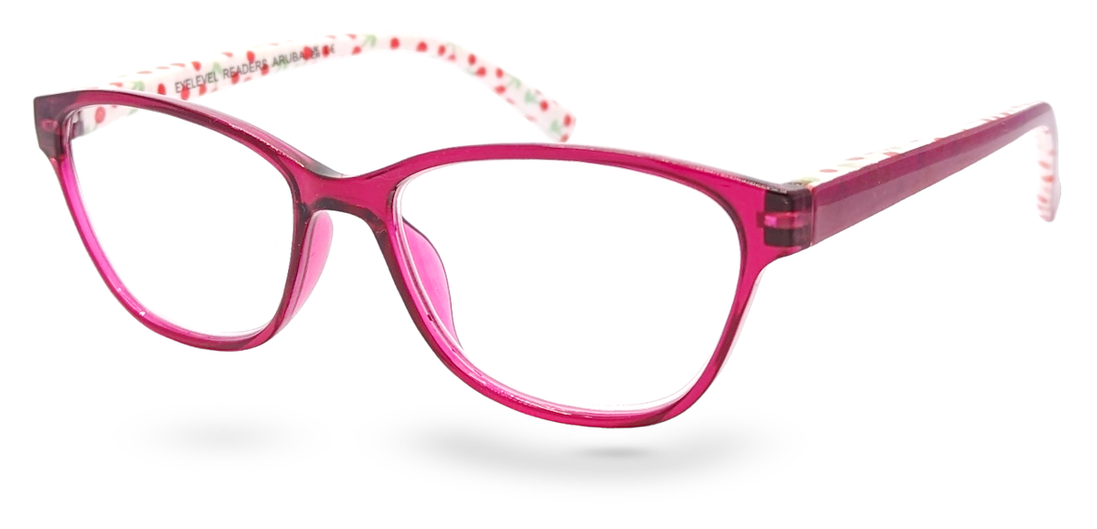 Eyelevel-UK Aruba reading glasses with bright pink rounded-square frames and patterned white temple arms