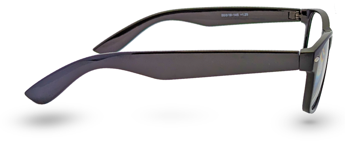 Eyelevel-UK Ashley black rectangular reading glasses with a classic full rim plastic frame, side profile view.