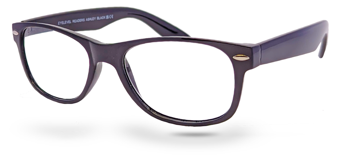 Eyelevel-UK Ashley Black reading glasses with a classic rectangular black plastic frame and clear magnifying lenses.