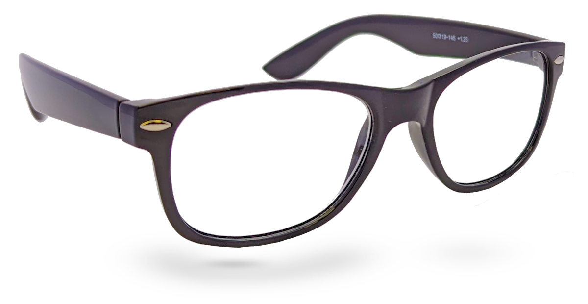 Eyelevel-UK Ashley black rectangular reading glasses with clear magnifying lenses and a classic full rim plastic frame.