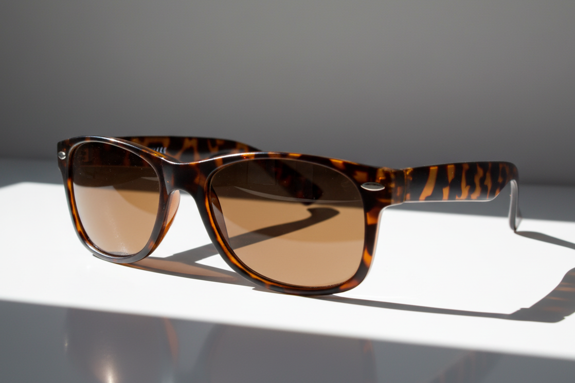 Eyelevel-UK Ashley brown tortoiseshell rectangular sun readers with tinted UV400 magnifying lenses.