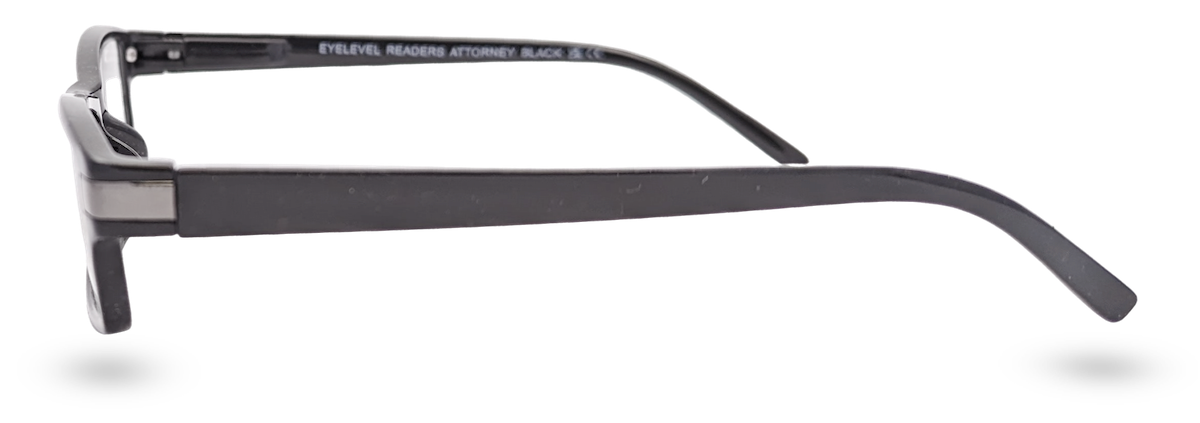 Eyelevel-UK Attorney black rectangular reading glasses with slim plastic frames viewed from the side.