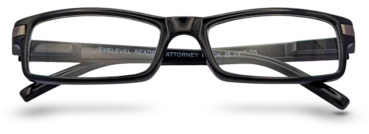 Eyelevel-UK Attorney black rectangular reading glasses with a slim full-rim plastic frame and clear magnifying lenses.