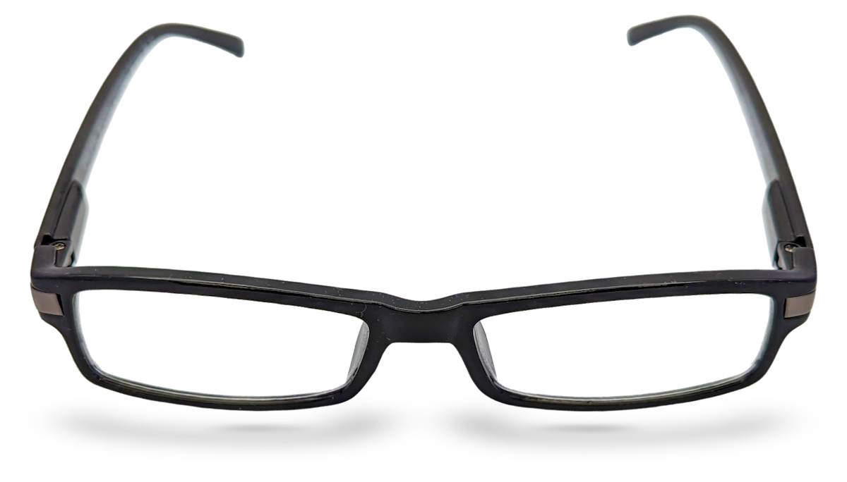 Eyelevel-UK Attorney black rectangular reading glasses with slim plastic frames and clear magnifying lenses