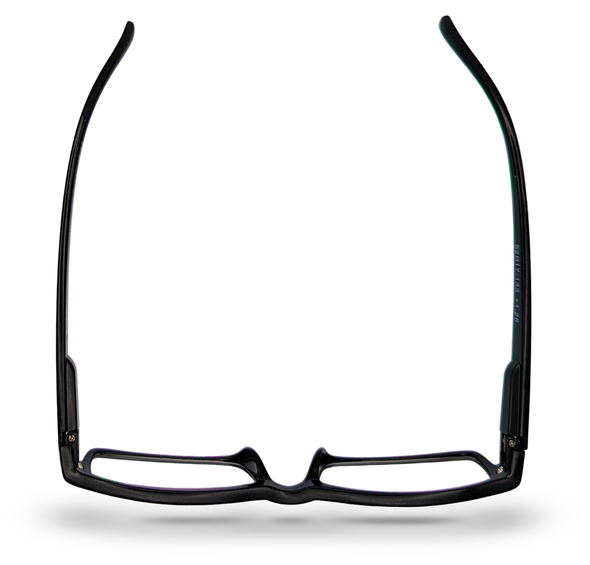 Eyelevel-UK Attorney black rectangular reading glasses viewed from above showing the slim plastic frame