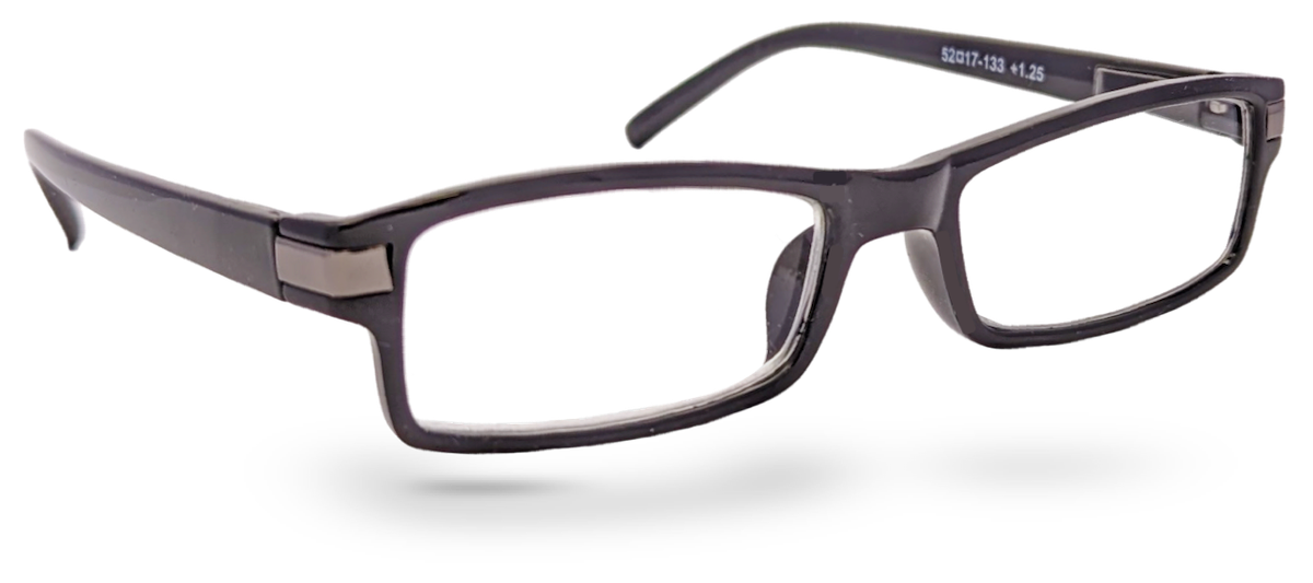 Eyelevel-UK Attorney black rectangular reading glasses with slim plastic frames and clear magnifying lenses