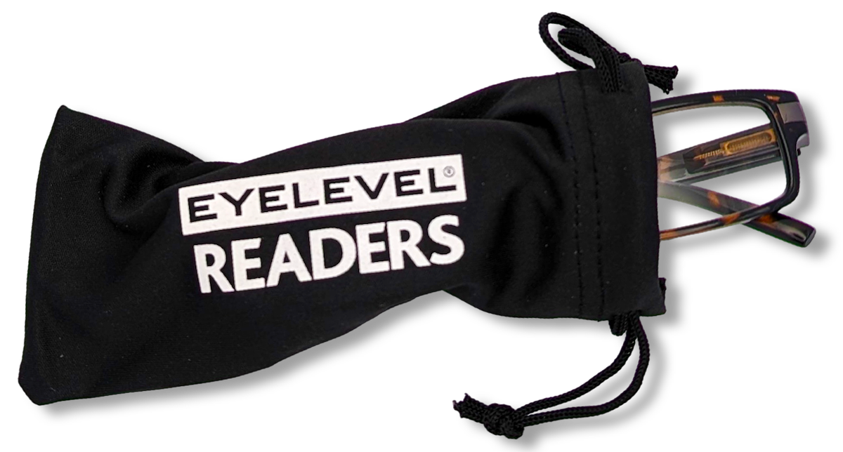 Eyelevel-UK Attorney Brown reading glasses partially inside a black branded drawstring pouch