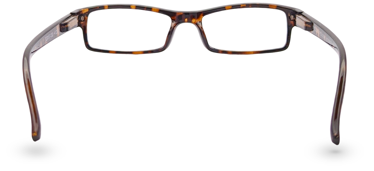 Eyelevel-UK Attorney Brown reading glasses with a slim rectangular tortoiseshell plastic frame, back view.