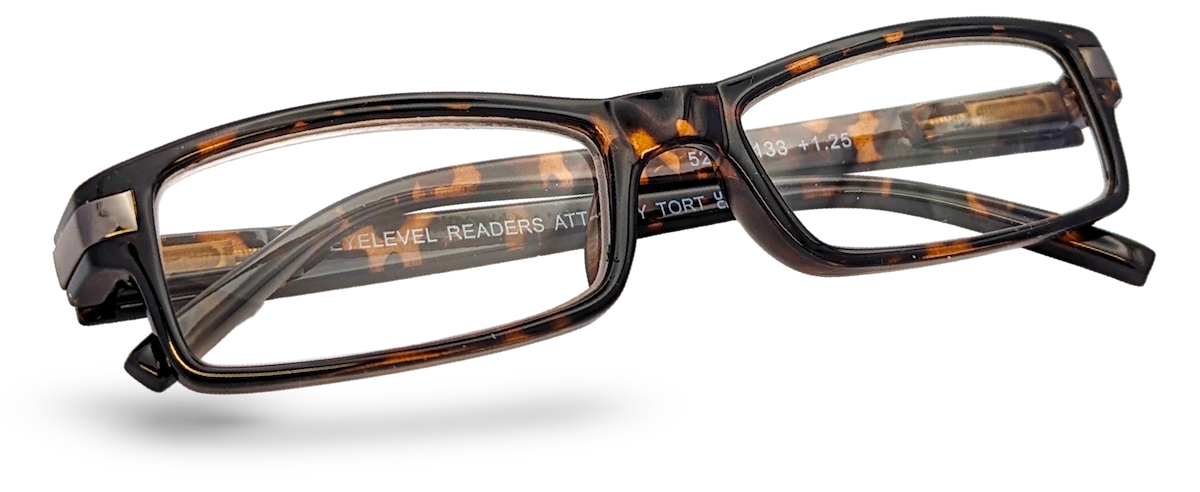 Eyelevel-UK Attorney brown rectangular reading glasses with a classic tortoiseshell plastic frame.