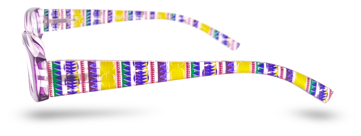 Eyelevel-UK Aztec reading glasses featuring a purple rectangular frame with a colourful geometric pattern on the arms