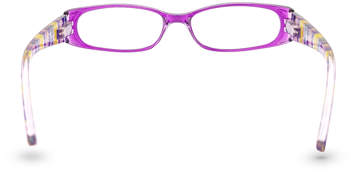 Eyelevel-UK Aztec reading glasses with a shallow purple rectangular frame and multicolour patterned temples