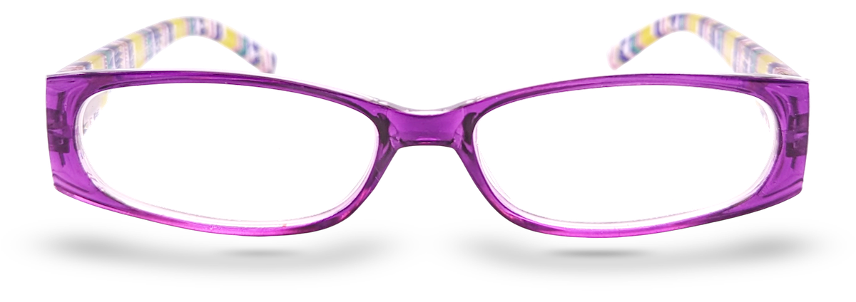 Eyelevel-UK Aztec reading glasses with a shallow purple rectangular plastic frame and patterned temples