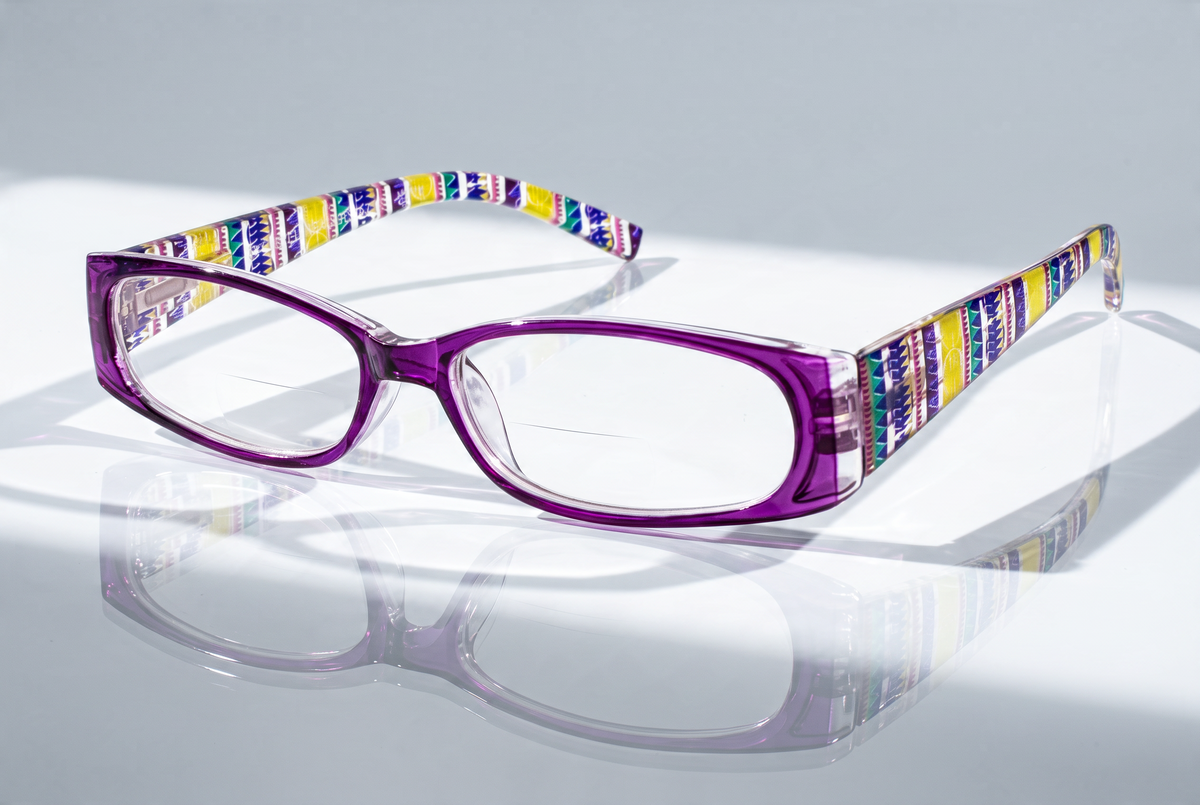 Eyelevel-UK Aztec reading glasses with a purple rectangular frame and multicoloured patterned temples