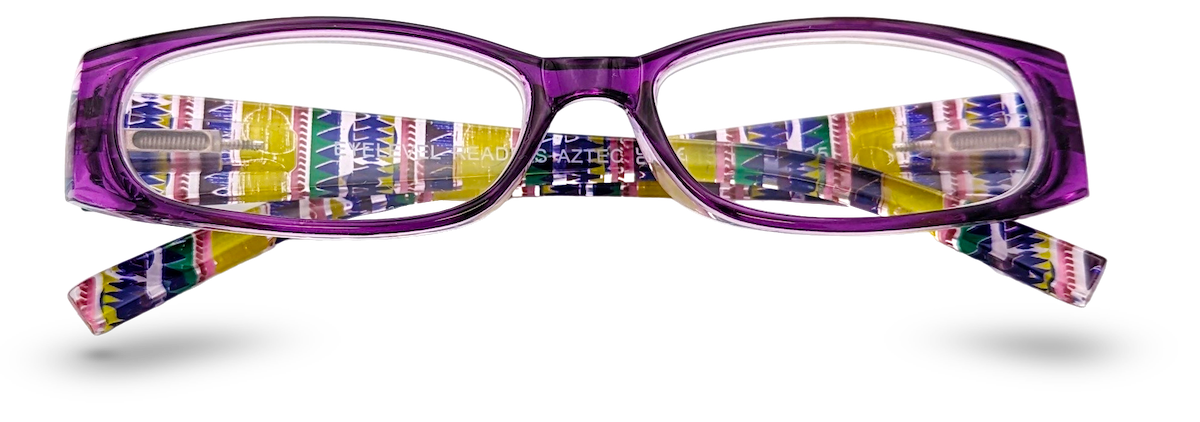 Eyelevel-UK Aztec reading glasses with a purple rectangular plastic frame and colourful patterned temples