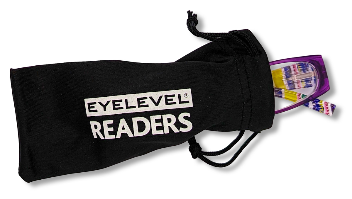 Eyelevel-UK Aztec reading glasses with purple patterned rectangular frames tucked inside a black drawstring pouch