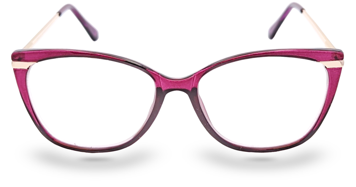 Eyelevel-UK Barbados pink cat-eye reading glasses with slim metal-look temples and clear magnifying lenses