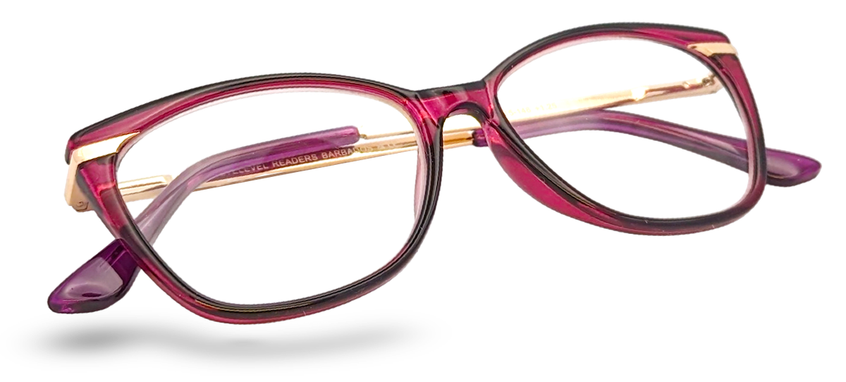 Eyelevel-UK Barbados cat-eye reading glasses with a pink frame and slim gold-tone metal temples.