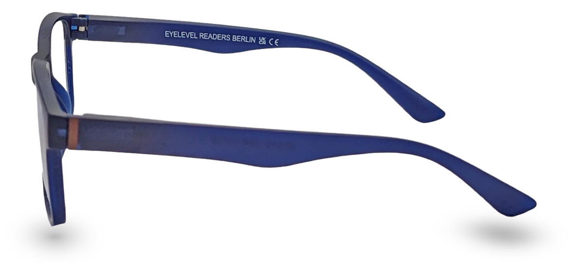 Eyelevel-UK Berlin reading glasses with a blue and black rectangular plastic frame viewed from the side
