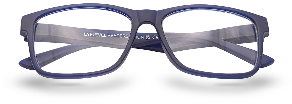 Eyelevel-UK Berlin reading glasses with a blue and black rectangular plastic frame and clear magnifying lenses